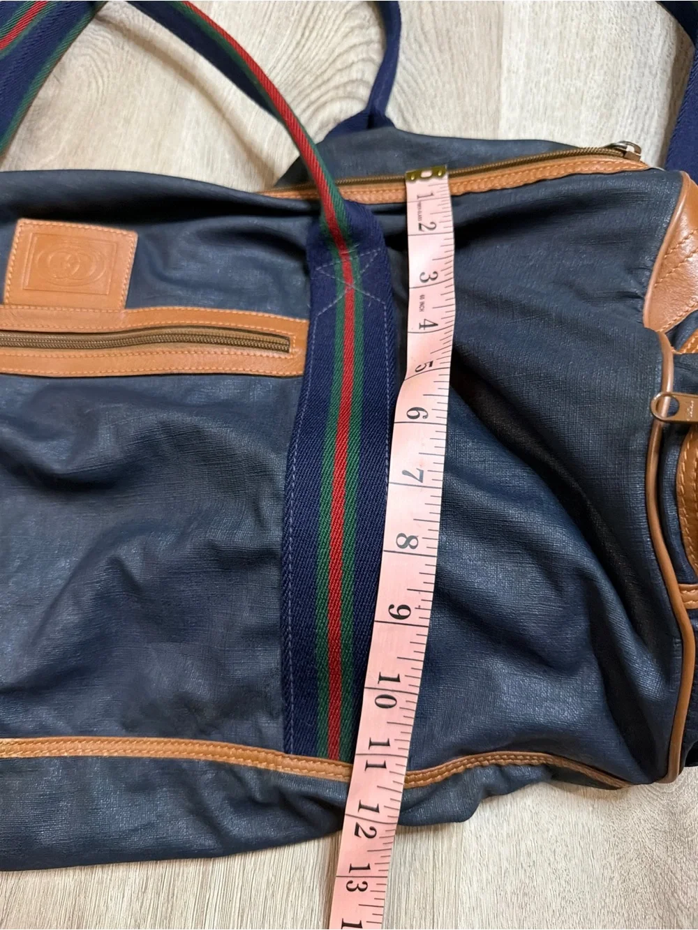 Gucci Navy Duffel Bag with Tan Leather Trim and Red-Green Stripe Webbing